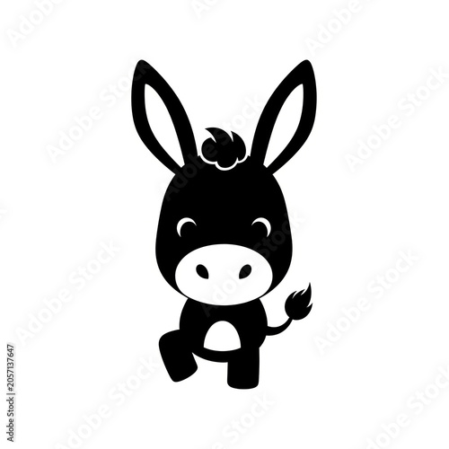 Cute Black Chibi Baby Donkey with Big Ears Front Face View Isolated on White, Perfect for Kids Art, Sticker, Mascot, Print, Logo and Digital Illustration