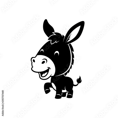Cute Cartoon Donkey Smiling and Waving in Black Isolated on White Background, Perfect for Kids Book, Sticker, Mascot, Logo, Print and Digital Artwork