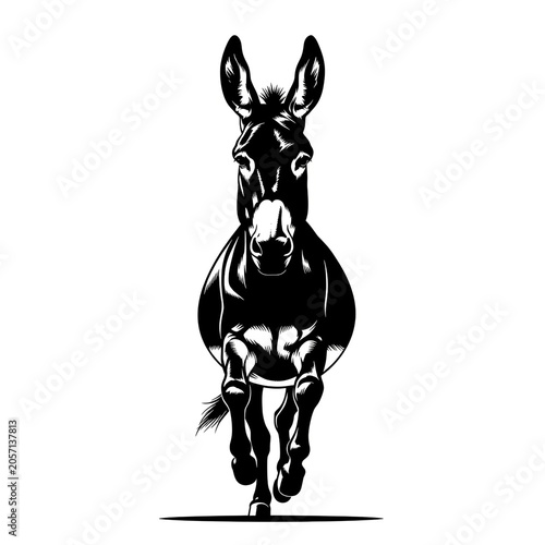 Realistic Black Donkey Silhouette Standing in Front View Isolated on White Background, Ideal for Farm Animal Logo, Icon, Poster, Print and Digital Artwork