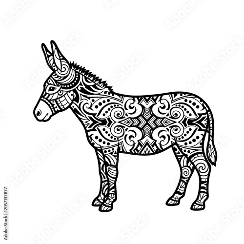 Decorative Tribal Donkey with Zentangle Floral Pattern Art Isolated on White, Perfect for Boho Style Print, Tattoo, Sticker, Wallart and Digital Design