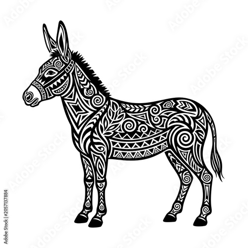 Decorative Tribal Style Donkey with Intricate Pattern Art Isolated on White, Ideal for Boho Print, Tattoo, T-Shirt, Wall Decor and Digital Illustration