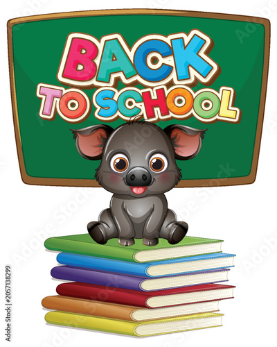 Cartoon Wild Boar Sitting on Books with Back to School Sign