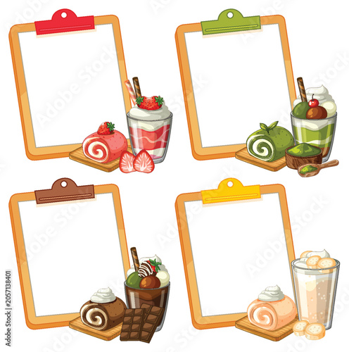 Set of Four Dessert Menu Clipboards with Swiss Rolls and Parfaits