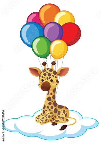 Cute Cartoon Giraffe Sitting on a Cloud with Colorful Floating Balloons