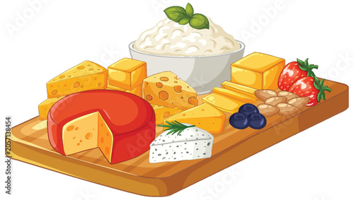 Assorted Cheese Platter with Berries and Nuts on Wooden Board