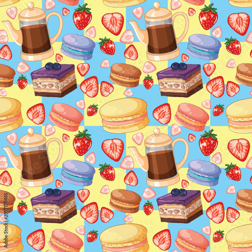 Seamless Pattern with Coffee Pots Macarons Cakes and Fresh Strawberries