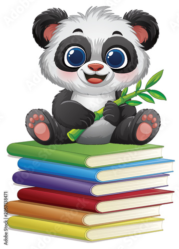 Cute Cartoon Baby Panda Sitting on a Stack of Colorful Books