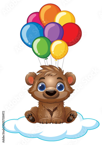 Cute Cartoon Baby Bear Sitting on Cloud with Colorful Balloons