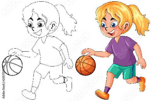 Young Girl Playing Basketball Vector Illustration with Coloring Page Version