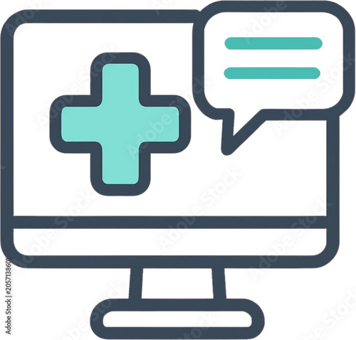 Computer monitor displaying a medical cross symbol and a speech bubble indicating telehealth or online consultation services
