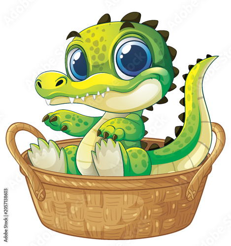 Cute Cartoon Baby Crocodile Sitting Inside a Woven Wicker Basket