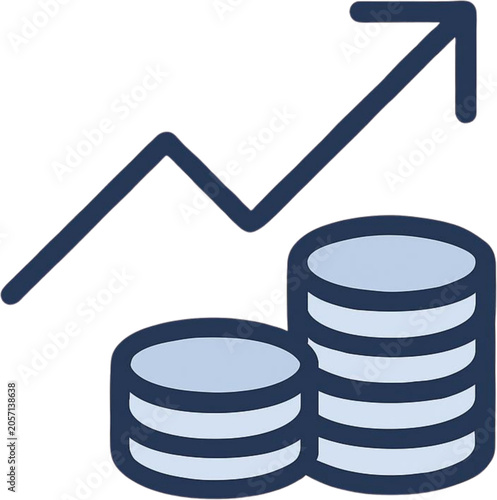 Wealth accumulation and financial growth vector icon with rising arrow and stacks of coins for investment success