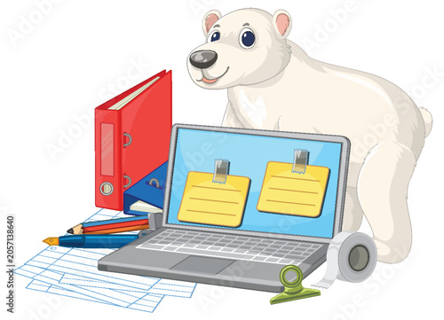 Cartoon Polar Bear Standing Behind Laptop and Office Supplies on White Backgr...