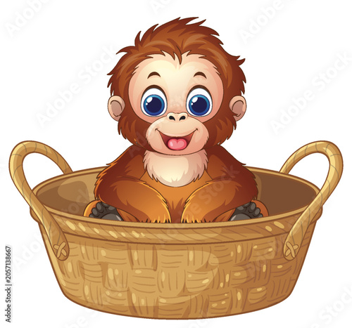 Cute Cartoon Baby Orangutan Sitting Inside a Woven Wicker Basket