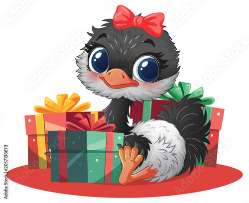 Cute Cartoon Baby Ostrich Sitting with Colorful Christmas Gift Boxes