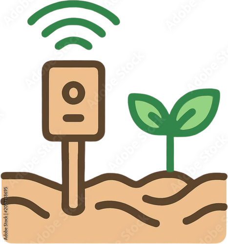 Smart agriculture IoT sensor icon detecting plant growth and soil moisture for precision farming automation. Wireless technology for efficient crop monitoring and data collection