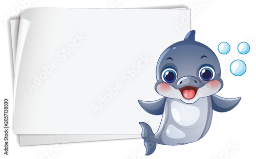 Cute Cartoon Dolphin Character with Blank White Paper Banner