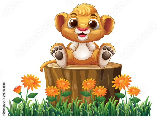 Cute Cartoon Baby Lion Cub Sitting on a Tree Stump