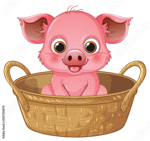 Cute Pink Cartoon Piglet Sitting Inside a Woven Wicker Basket