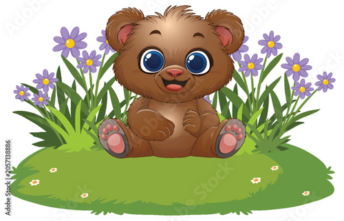 Cute Cartoon Baby Bear Sitting on Grass with Purple Flowers