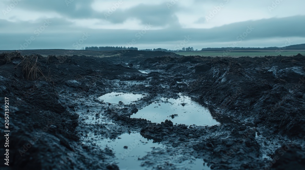 Fototapeta premium Muddy, Contaminated Rural Field Under Overcast Sky, Reflecting Environmental Degradation and Hazardous Spills