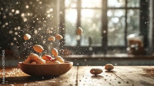Peanuts scattering from a bowl onto a wooden table with soft indoor lighting and a blurred kitchen background, showcasing a potential allergic reaction.
