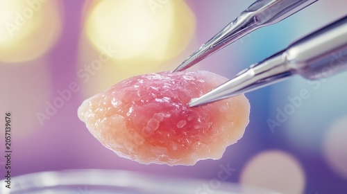 Precise medical tweezers holding a delicate biological tissue sample for laboratory examination