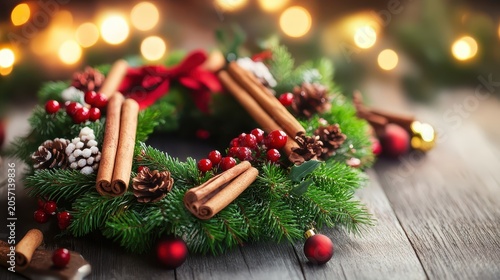 Rustic Christmas Wreath with Cinnamon Sticks, Holly, and Red Ornaments on Wooden Surface with Soft Bokeh Lights