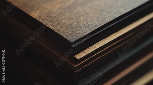 Stacks of Printed Materials with Natural Wood Texture Showcasing Precise Alignment and Clean Studio Lighting