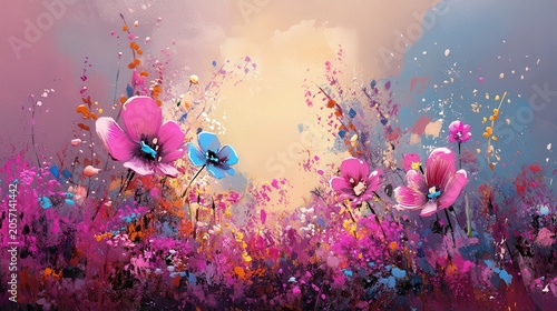 Vibrant Impressionistic Floral Garden Painting with Pink and Blue Blooms Bathed in Soft Light