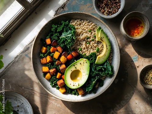 Healthy Buddha Bowl with Roasted Sweet Potatoes Quinoa Kale and Fresh Sliced Avocado