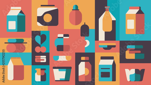 Flat vector illustration of assorted packaged food products on vibrant abstract background