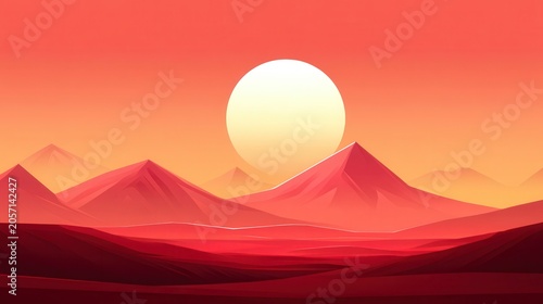 Vibrant Sunset Over Red Mountains Stretching Towards the Horizon in a Serene Panoramic Landscape