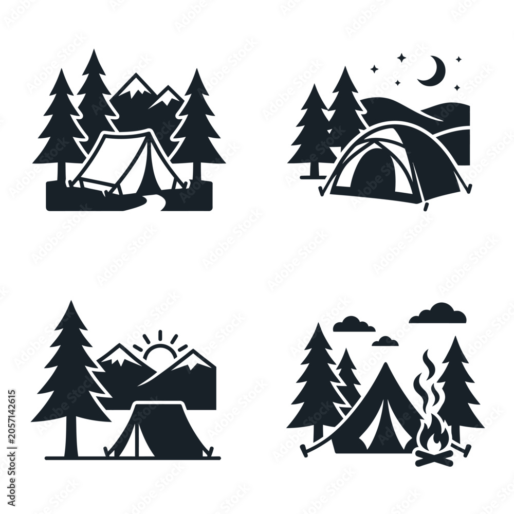 Obraz premium Black and white tent camping icons.