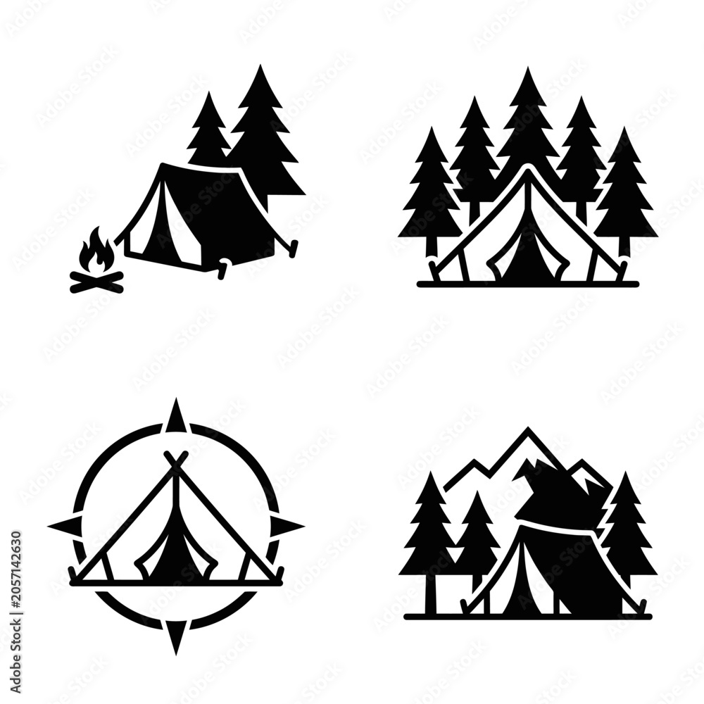 Obraz premium Camping Tents And Forest Icons Set.