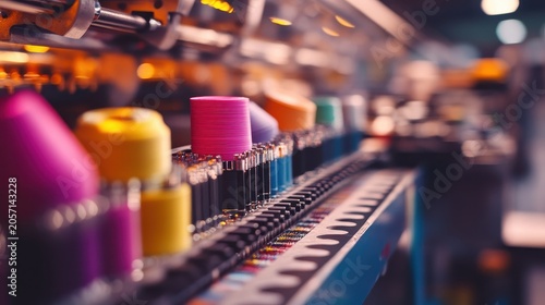 Vibrant spools of colorful thread aligned on a textile manufacturing line showcasing industrial production
