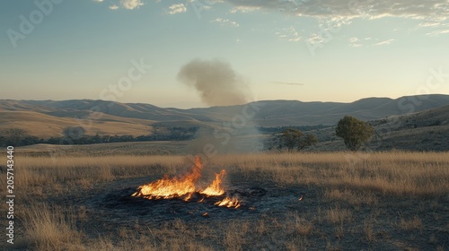 Wildfire blazing through dry grassland under a vast sky, depicting environmental destruction and the impact of climate change
