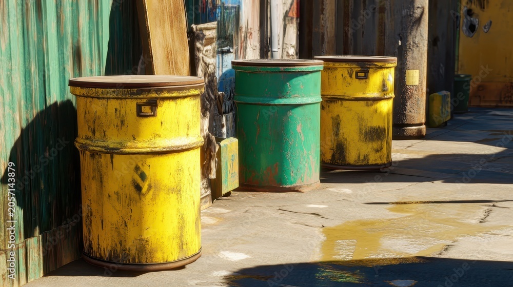 Obraz premium Yellow and Green Hazardous Waste Barrels Stacked at an Industrial Site Under Soft Light