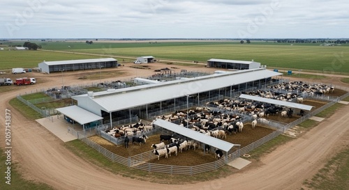 Aerial view of a large livestock auction facility with numerous cattle gathered in pens and enclosures on a cloudy day.