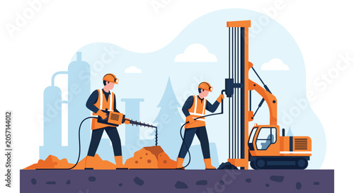 Dedicated construction workers operate heavy machinery and power tools to perform ground drilling and excavation on a city building site.
