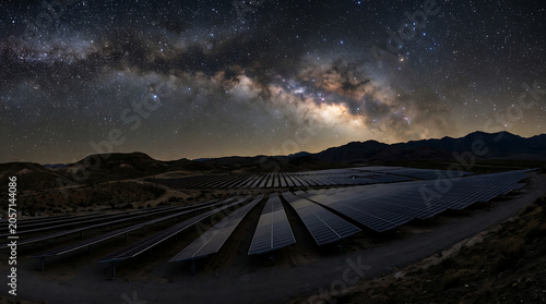Solar panel array under starry night sky
