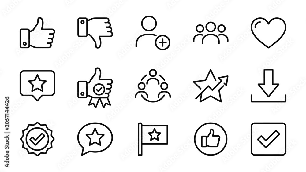 Fototapeta premium Black line icons for social media rating and feedback.