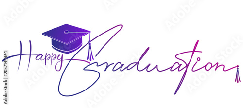 Purple-black gradient line art calligraphy of congratulations on graduation with a toga cap. Design for brochures, cards, invitations, congratulations, and more. Image is editable.
