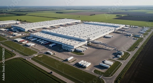 Expansive aerial view of a massive modern industrial warehouse complex with multiple loading docks and numerous trucks