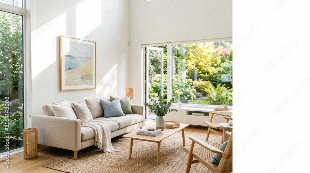 Fototapeta premium Bright Luxury Living Room Interior with High Ceiling, Beach Wall Art and Garden View 