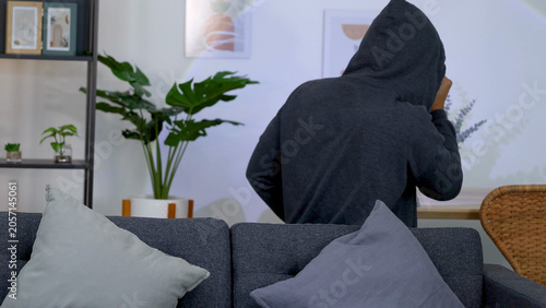 Cuadro en lienzo Hooded Intruder Seen From Behind Sneaking Through a Modern Living Room