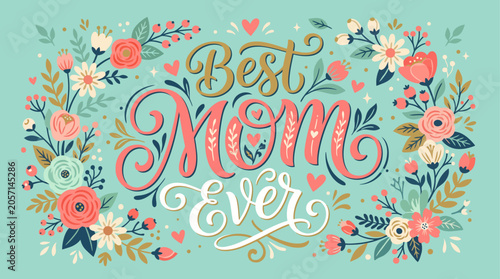 Photos Best Mom Ever colorful floral greeting card.