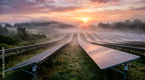 Solar farm at sunrise with foggy landscape renewable energy production