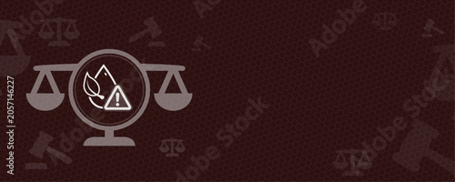 Foto Conceptual illustration featuring a scale of justice with an environmental warning icon and copy space for legal texts