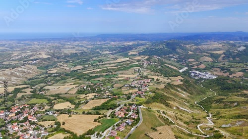 Aerial drone view of Apennine mountain landscape near San Marino